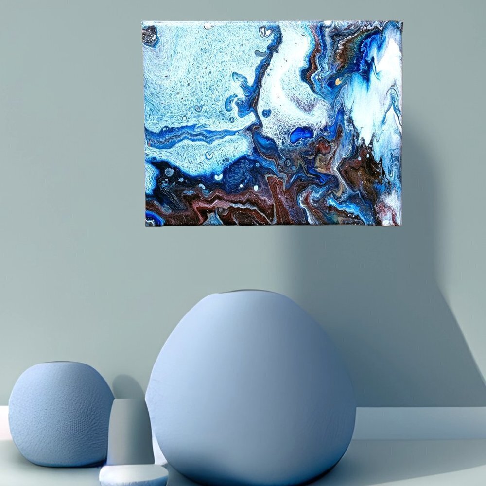 Blue‎ on Blue Abstract Poured Acrylic Painting on Canvas  Hand Crafted